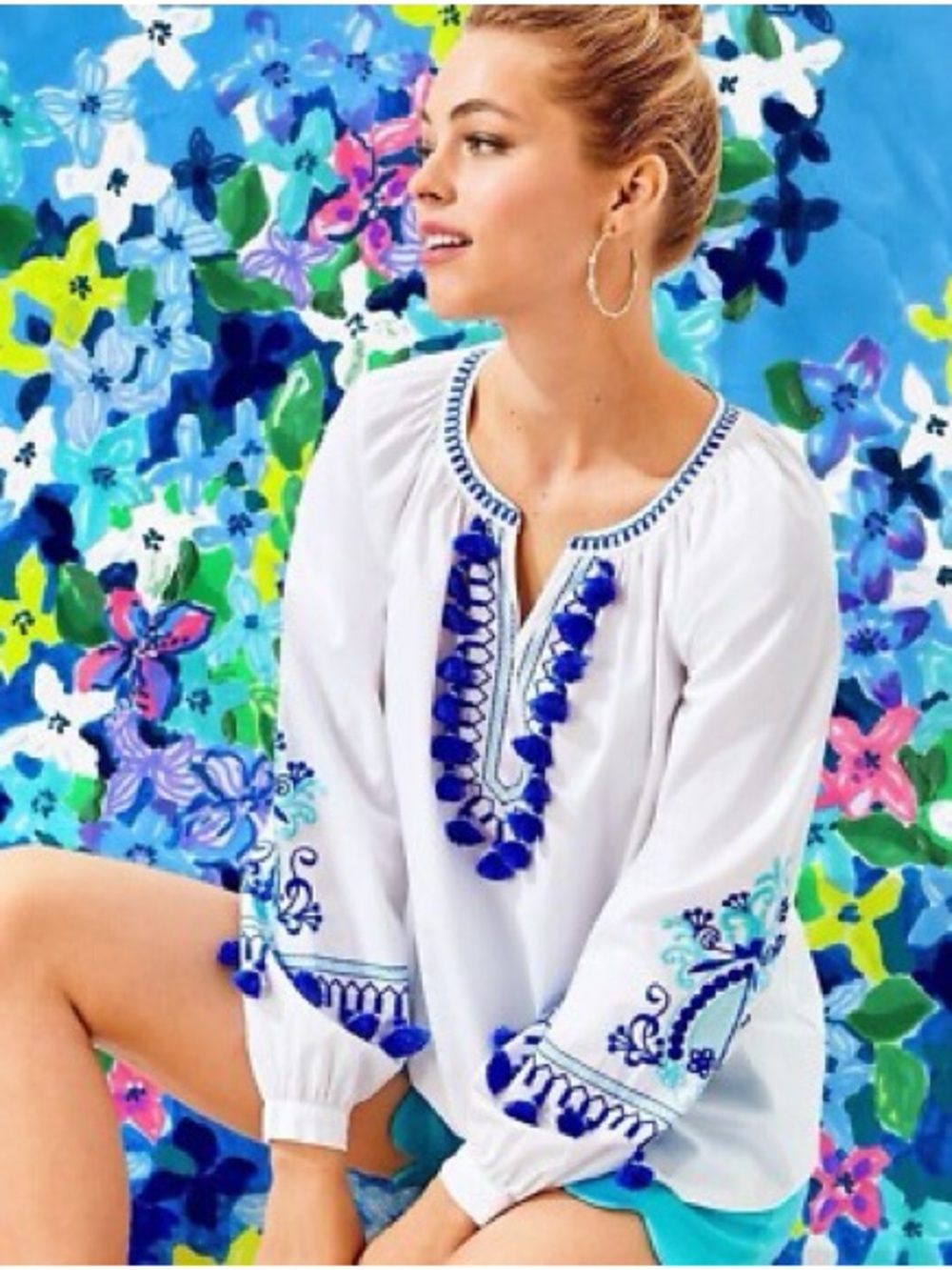 Lilly Pulitzer Kaydence Tunic Top S Resort White Boreau Blue embroidered NWT